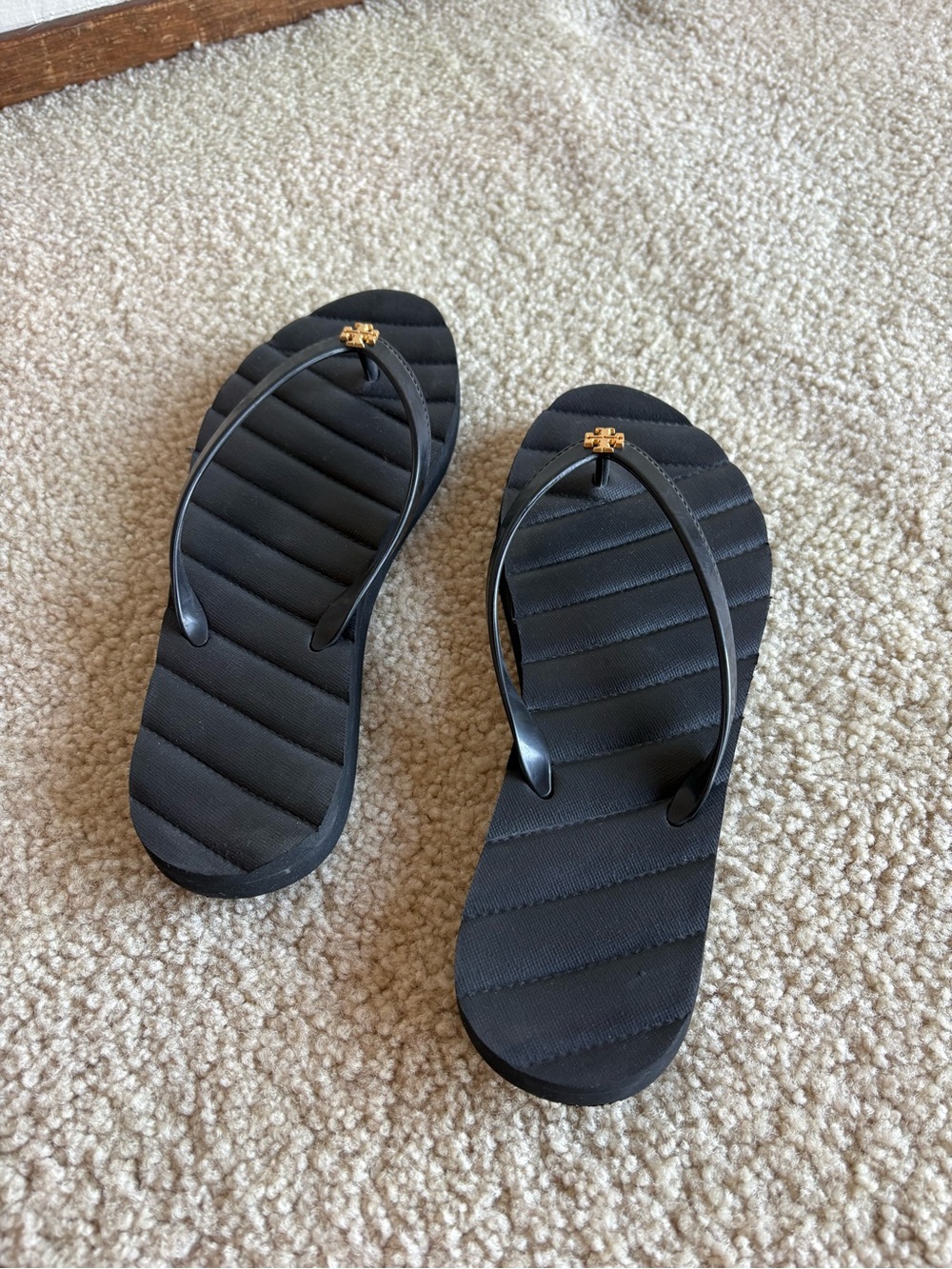 Tory Burch Black Flip Flop Sandals with Gold Logo Accent - Picture 2 of 3